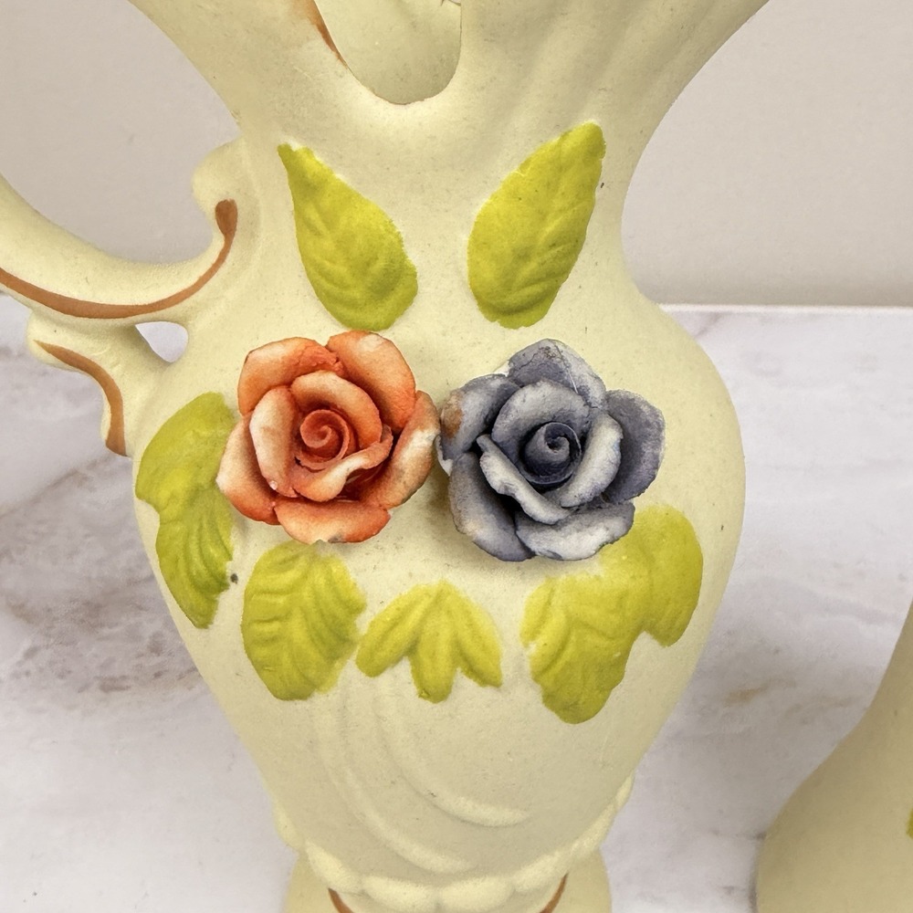 Flambro Porcelain Floral Pitcher Vase Bell Applied Roses Vintage Cottagecore Dec - Picture 9 of 10